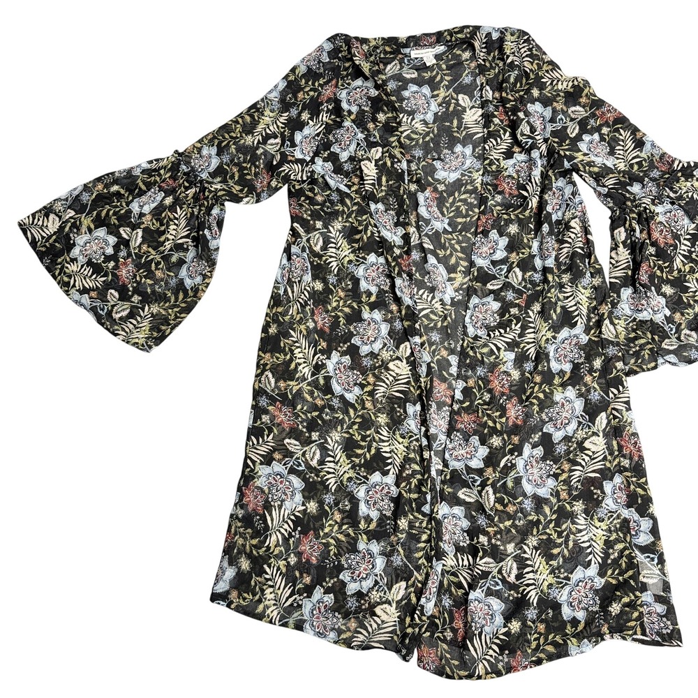 American Eagle Womens XS Black Floral Duster Kimono Print Open Front Bell Sleeve